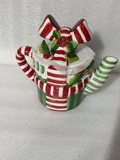 Christmas Festive Red And White Teapot By Transpac  holiday ribbon VHTF ceramic
