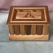 Wooden Puzzle Box with Hidden Door and Inlaid Pyramid Design RARE GREAT 6.5"x4"