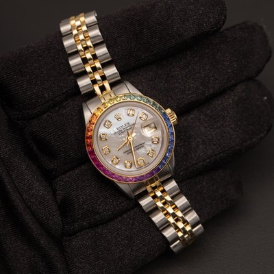 Rolex Datejust 69173 Rainbow Bezel Watch 26mm Mother of Pearl Dial