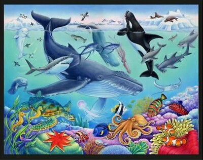 Under the Sea Whale Shark Quilt Top Wall Hanging Panel Fabric