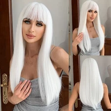 Long White Synthetic Wig with Bangs Straight Hair for White Women Natural Look