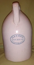 Stoneware Jug Advertising Hayner Lockbox 290. Made by E.S. & B. Pottery