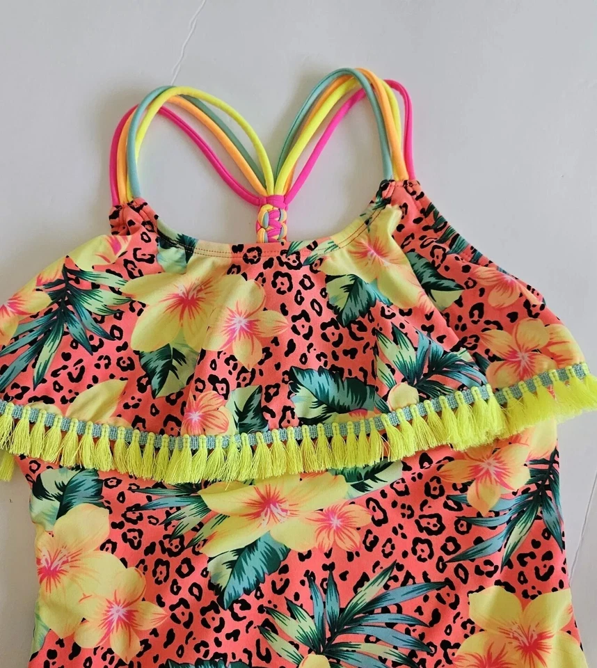 Купальник для девочек Breaking Waves с оборками плетеные ремни неоновый цветочный цельный S - Изображение 3 из 4