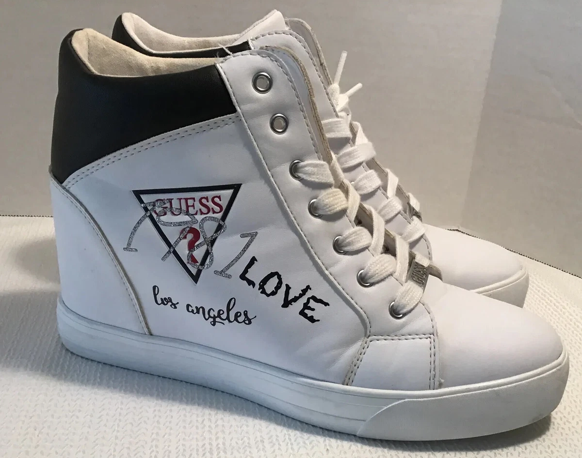 Womens 11 Guess High Top 1981 Love Los Angeles Hidden Heel Sneakers White Black