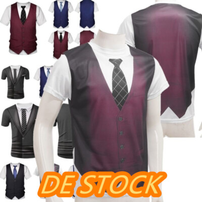DE Herren Kurzarm T-Shirts Unterhemd mit Anzugweste Krawatte Aufdruck Lustiges