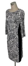 Lauren Ralph Lauren Geometric Black White Dress 3/4 Sleeve Ruched Lined Size 12