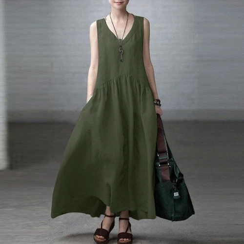 Maxi vestidos retro de playa de lino de algodón informales con cuello en V lisos para mujer - Imagen 5 de 28