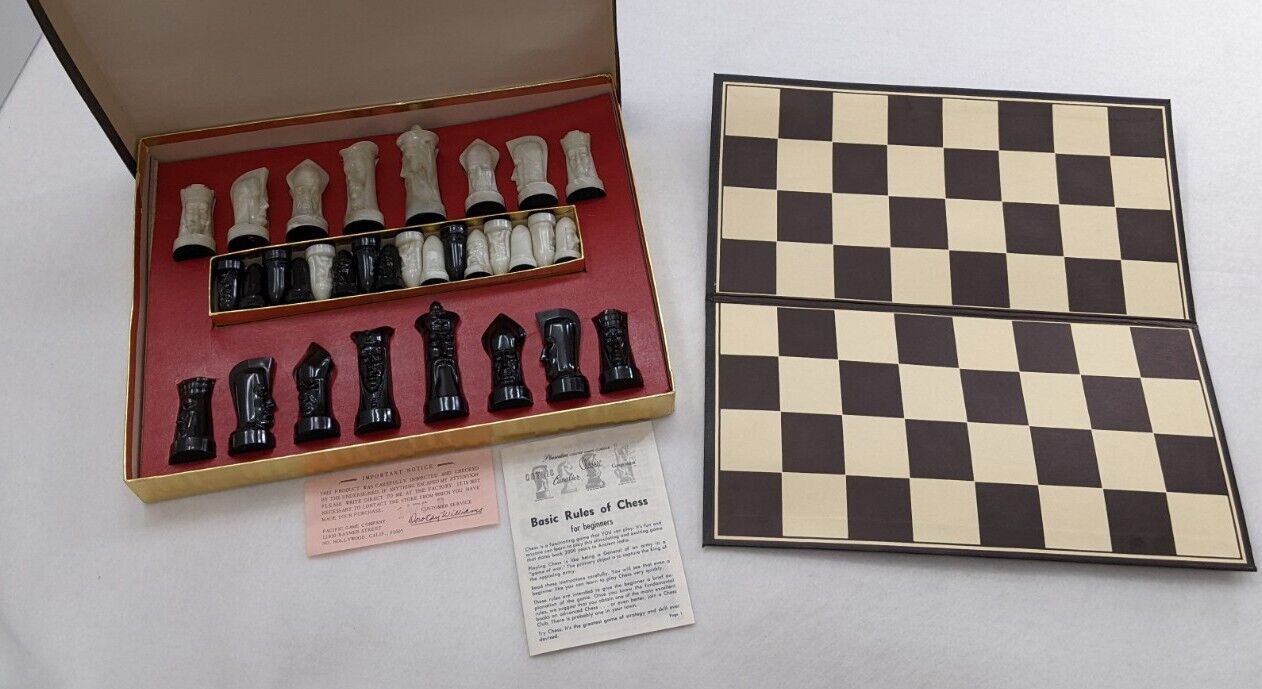 Ganine Gothic Sculptured Chess Set Checkers Board Lot w Box 1957 - Vintage