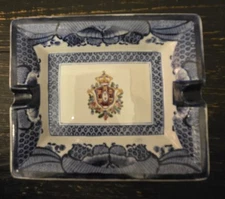 VTG Blue & White Ceramic Ashtray Coat of Arms in Center  Butterfly Border Bombay