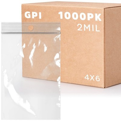 GPI - 4'' x 6'' - Case of 1000, 2 Mil thick, Clear Plastic Reclosable Zip Bags,...