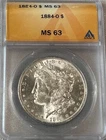 1884-O Morgan Silver Dollar certified ANACS MS-63 rating. Great Luster!