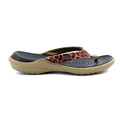 Womens 10 Crocs Capri Flip Flop Sandals Brown Leopard Flat Heel Slip On Comfort