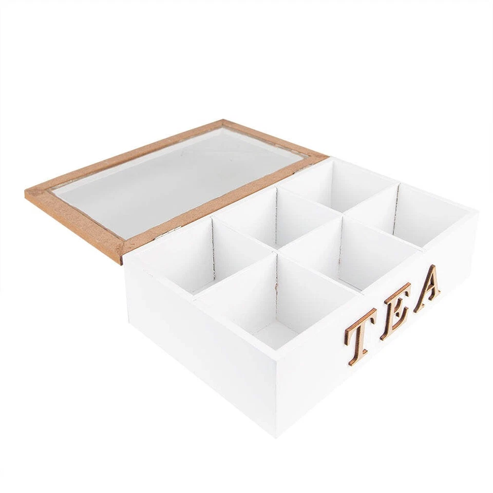 Teebox / Teekiste / Teebeutelspender, 6 Fächer, Rechteckig Weiss/Braun, 23x17x8 - Bild 4 von 4