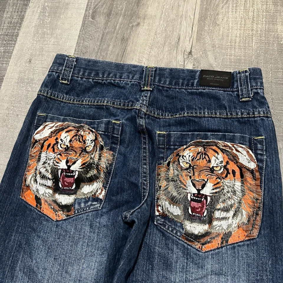Pantalones de mezclilla Paco Jeans holgados estampado de tigre Y2K pintados hip hop patinador Bengala para hombre 32 Foto 4 de 4