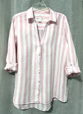 C&C California M L/S  with tabs Button Up Shirt Top 100% Linen Pink White Stripe