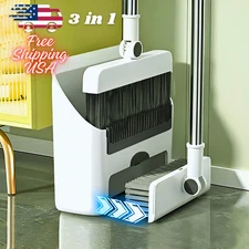 3-in-1 Upright Broom & Dustpan Set 49" Long Handle No-Bend Stand-Up Cleaning
