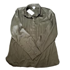 New Day Women's L/S Satin Button Shirt - Olive Green - Small