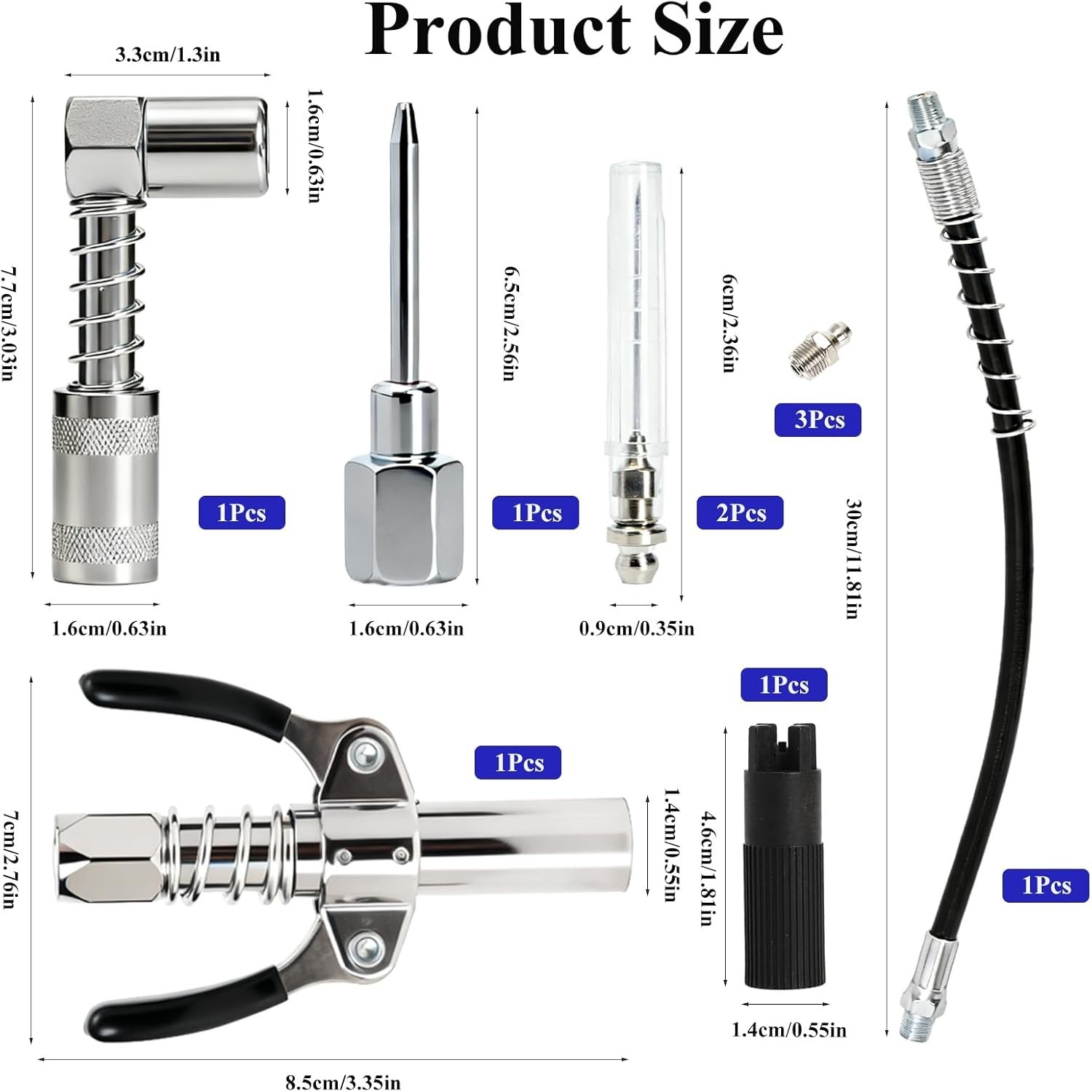 Grease Gun Coupler Accessory Kit with Hose Needle 90° Adapter for Zerk Fittings