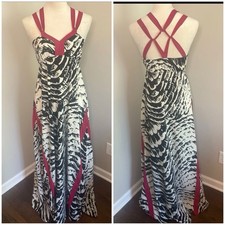 Express Maxi Dress Y2K Black White Zebra Print Pink Lattice Strappy Back Size XS