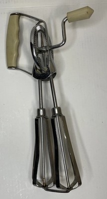 Vintage Stainless Steel Old School Mechanical Hand Mixer White Handle Eggbeater