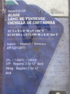 New Stens Lawn Mower Blade   AYP 532180971   21'' Notched Hi-Lift