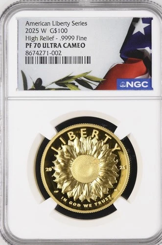 2025 W $100 Gold High Relief Liberty NGC PF70 with OGP SUNFLOWER