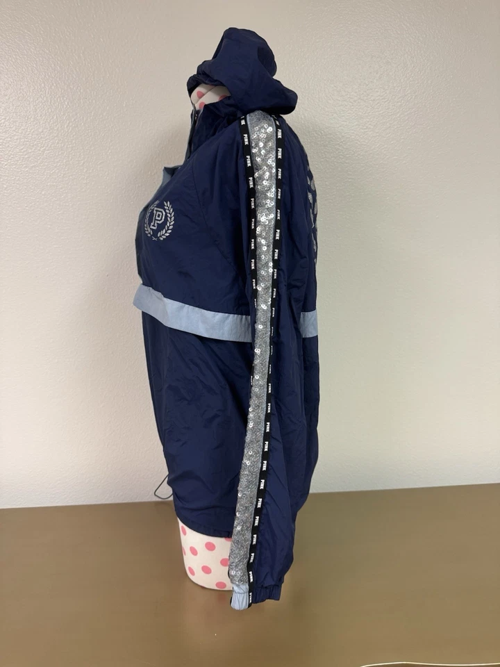 Victoria’s Secret ROSA Cortavientos Azul Estampado Leopardo Brillante Cremallera Bolsillo Sudadera con Capucha XS Foto 4 de 4