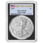 2025 $1 American Silver Eagle PCGS MS70 FDOI Flag Label Black Frame