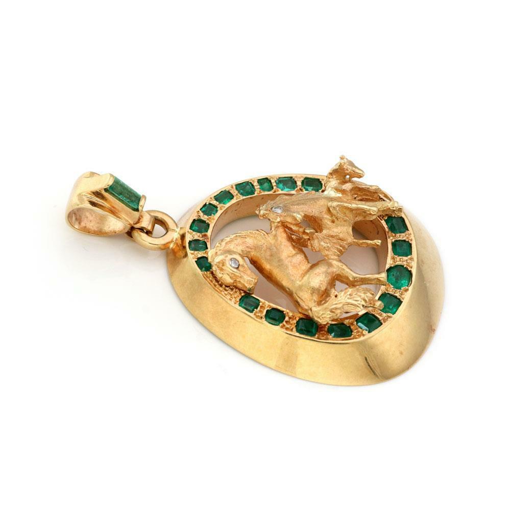 Emerald & Diamond Horse Pendant 3D Fancy 18k Yell… - image 3