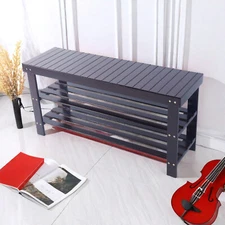 3-Tier Shoe Bench With Storage - Portable, Bamboo, Coffee Color & Strip Pattern
