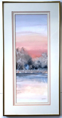 Liz McMahon Signed Original Watercolor Painting Cottage Lake Framed 12.25x24.25