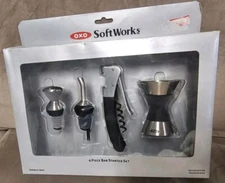 OXO Softworks 4 Piece Stainless Steel & Black Bar Starter Set Jigger Pourer Wine