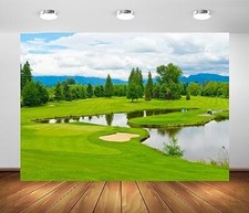 7x5ft Fabric Golf Course Backdrop Green Grass Lawn Woodland Mountain Lake Blu...