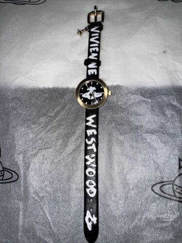 BNWOT VIVIENNE WESTWOOD  BLACK LEATHER GRAFFITI WATCH WITH GOLD ORB MOTIF. - Picture 1 of 7