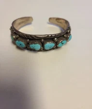 Navajo Sterling Silver Grape Leaf /Turquoise Bracelet by M. Thomas Jr.