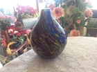 Murano Art  Glass Hand Blown Teardrop Vase  Red Yellow Swirl & Blue Millefiori