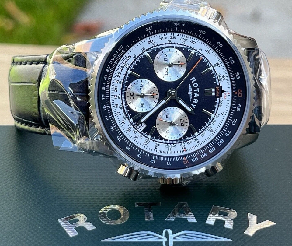 ROTARY GS03021/05 MENS AVIATOR CHRONOGRAPH TACHYMETER NAVY BLUE WHITE DIAL WATCH - Image 3 of 4