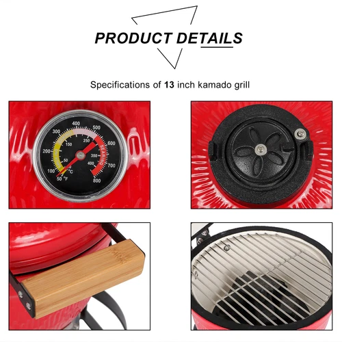 13" Round Kamado Charcoal Grill Portable BBQ Grill with Thermometer - Bild 19 von 24