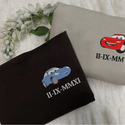 McQueen and Sally Cars Embroidered Sweatshirts, Custom Roman Numeral Date Shirt