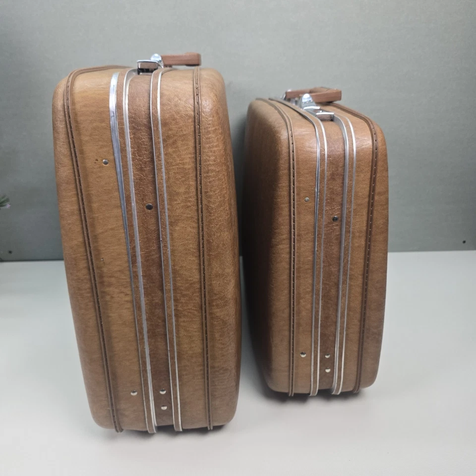 Vntg Airway Suitcase 2pc Set Mid Century Hardshell Luggage Retro Tan BROWN  - Image 3 of 4