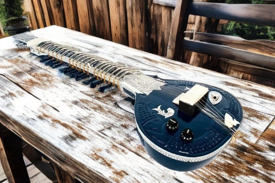 Sitar eléctrico indio profesional afinación madera 7 principales 9 cuerdas simpáticas + bolsa Foto 2 de 4