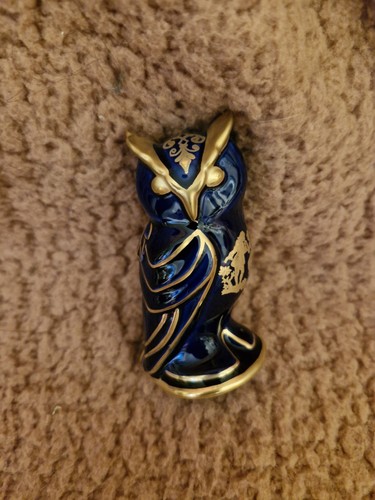 Vintage Franklin Mint Blue & Gold Owl Miniature Figurine (B4) - Picture 1 of 5