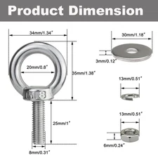 4 Pack M8 Stainless Steel Eye Bolt with Nuts and Washer, 5/16" X 1 Inch Lifting