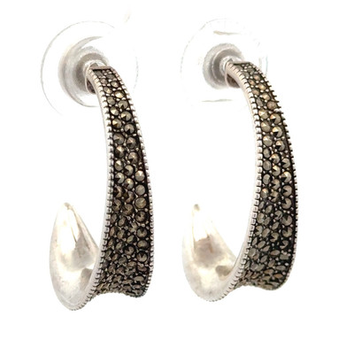 Designer Judith Jack Sterling Silver Marcasite Tapered Half Hoop Stud Earrings