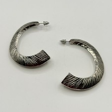 Silver Tone Large Hoop Earrings Textured Etched Wide Statement Pierced Gift