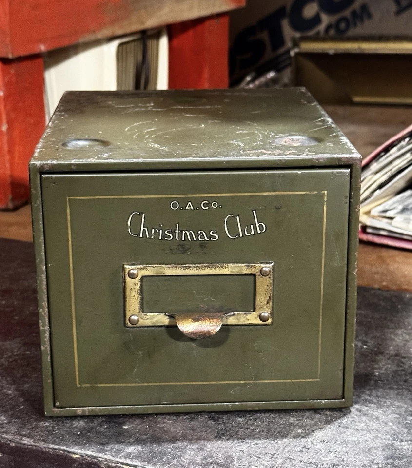 VINTAGE 1920'S O.A. CO. CHRISTMAS CLUB METAL CARD CATALOG FILE CABINET Green - Image 2 of 4