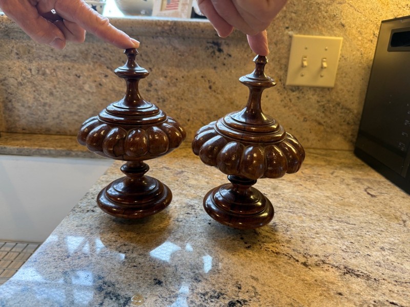 ANTIQUE VINTAGE WOOD CARVED -TURNED LARGE PAIR FINIALS