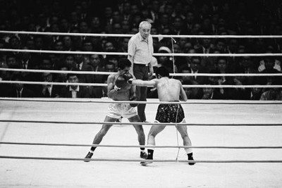 Fighting Harada Japan connects his left Eder Jofre Brazil 4th roun- Old Photo