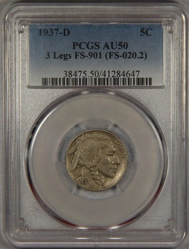 1937-D Buffalo Nickel PCGS AU50 3 Legs FS-901 (FS-020.2) 5c