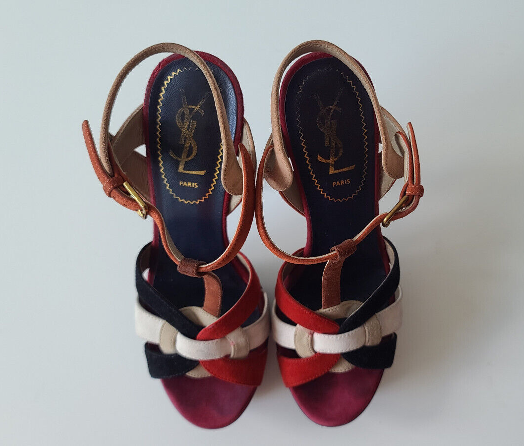 YSL Tribute Yves Saint Laurent Multicolor Suede Sandal Heels YSL Tribute Yves Saint Laurent Multicolor Suede Sandal Heels